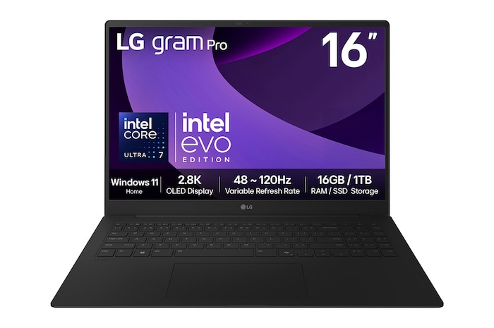 Front view of 16" LG gram Pro OLED, Copilot PC, 32GB RAM, Intel® Core™ Ultra Processor, gram Hybrid AI, Obsidian Black - 16Z90TP-K
