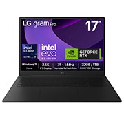 Front view of 17" LG gram Pro Laptop, 32GB RAM, Ultra 7 Processor, 1TB NVME Gen4, NVIDIA RTX5050, Obsidian Black  - 17T90TP-E