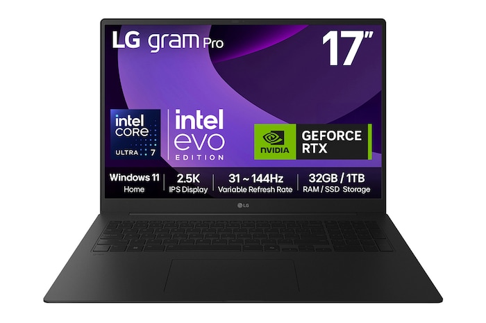 Front view of 17" LG gram Pro Laptop, 32GB RAM, Ultra 7 Processor, 1TB NVME Gen4, NVIDIA RTX5050, Obsidian Black  - 17T90TP-E