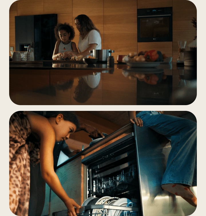 A close-up of dishes being loaded into an open LG Dishwasher, next to a mother and daughter cooking together in a kitchen with an LG InstaView AI in the background.