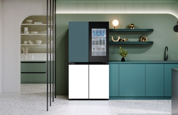A modern kitchen featuring an LG refrigerator. A product cut is shown in the bottom right corner of the image.	