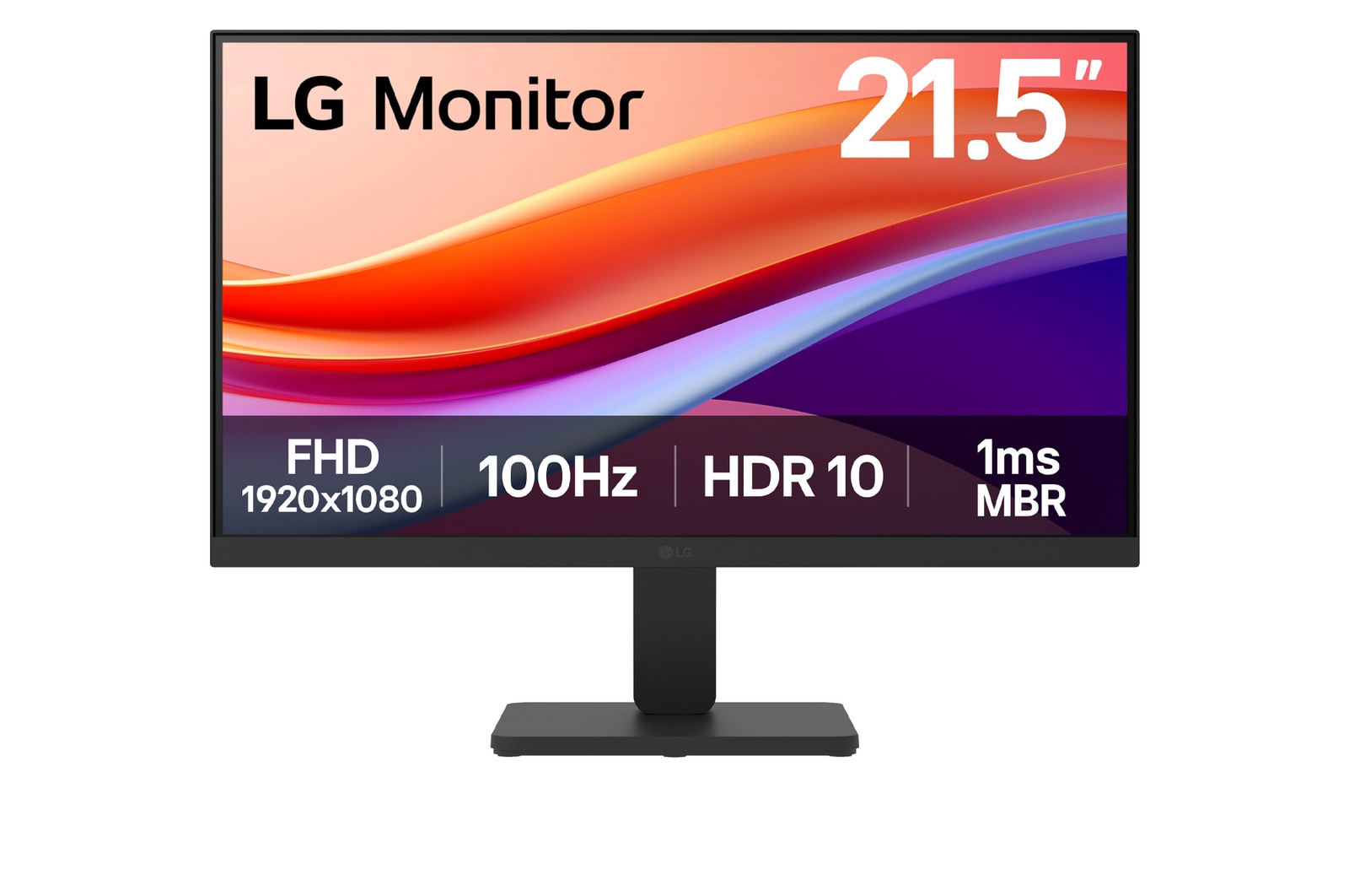 Front view of 22" LG Monitor, Full HD, 100Hz with sRGB 99% (Typ.), HDR 10, 1ms MBR, Black 22U401A-B