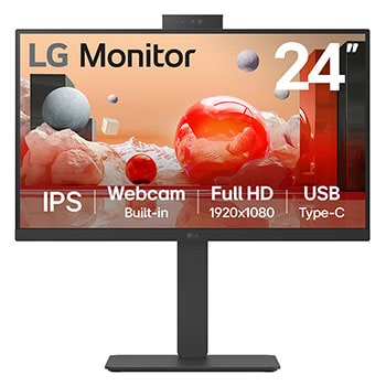 Front view of 24" LG Full HD Monitor, IPS Display, Built-in Power, 100Hz Refresh Rate, Webcam & Mic, USB Type-C, Black (24BA850-B)