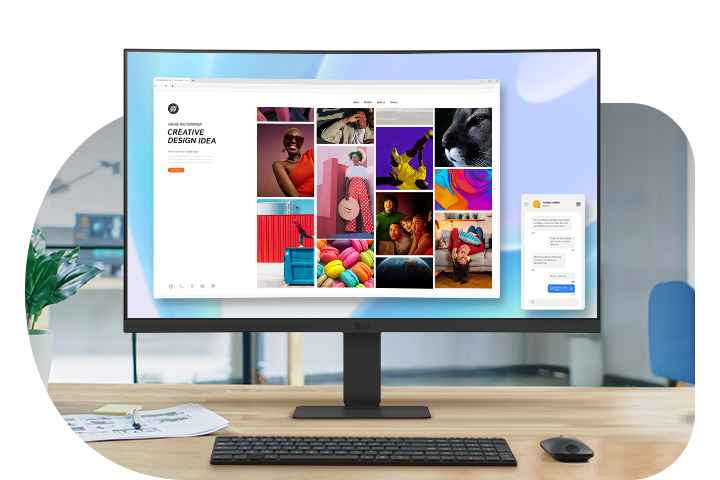 A 24-inch FHD curved monitor on a desk displays vibrant visuals and apps. The workspace includes a plant, papers, a keyboard, mouse, headphones, and coffee, with an office blurred in the background.	