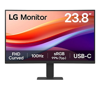 Front view of 24” LG Monitor, FHD curved display, 100Hz, USB-C (PD 15W), Reader Mode, LG Switch app, Black - 24U421A-B