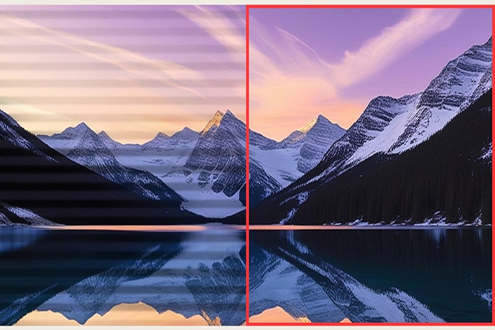 Comparison image of the right side with flicker safe applied and the left side without flicker safe applied.