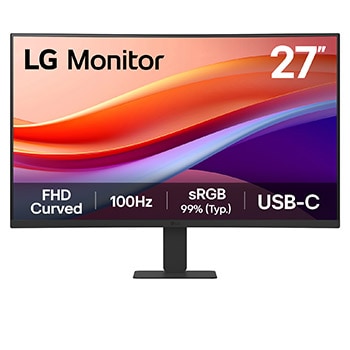 Front view of 27” LG Monitor,  FHD curved display, sRGB 99%, 100Hz refresh rate, USB-C (PD 15W), Black -27U421A-B