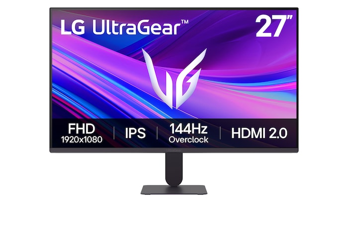Front view of 27” LG UltraGear™ G4 Gaming Monitor, FHD IPS screen, 120Hz (144Hz overclock), 1ms MBR, Black - 27G411A-B