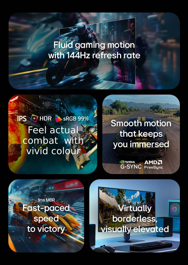 This image presents key features of an LG gaming monitor, including a 144Hz refresh rate for fluid motion, IPS display with HDR and sRGB 99% colour for vivid visuals, smooth gameplay with NVIDIA G-SYNC and AMD FreeSync support, 1ms MBR response time for fast-paced gaming, and a virtually borderless design for an immersive setup.