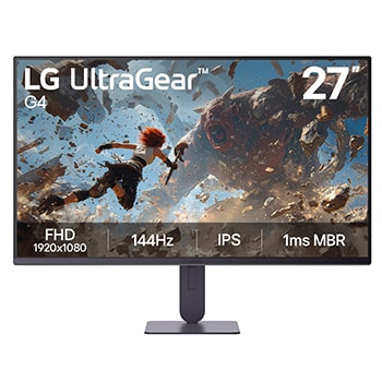 This image shows the front view of the LG UltraGear G4 27-inch gaming monitor, featuring IPS display with FHD (1920×1080) resolution, a 144Hz refresh rate, and 1ms MBR, emphasizing fast performance and smooth gameplay for gaming use, displaying game imagery