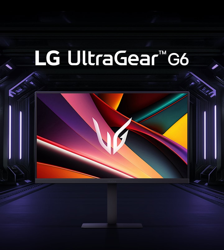 Front image of the UltraGear™ 27G640A gaming monitor in a futuristic, neon-lit room.