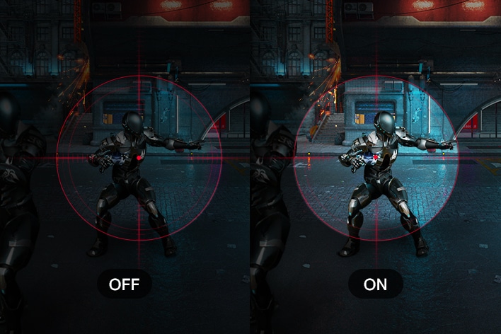 Comparison of gameplay with Black Stabiliser off and on, showing enhanced visibility in dark scenes on the UltraGear™ 27G640A monitor.