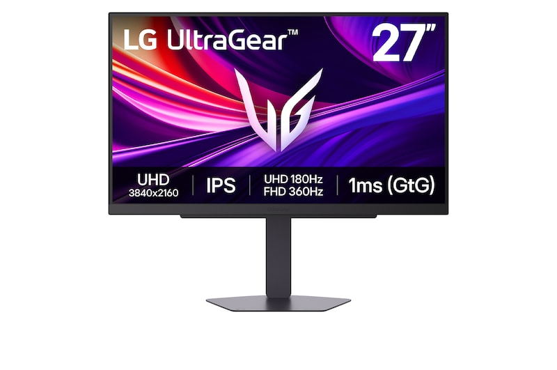 Front view of 27” LG UltraGear™ Gaming Monitor, 4K UHD, Dual-Mode (180Hz~360Hz), 1ms GtG, HDMI 2.1, Black - 27G810A-B