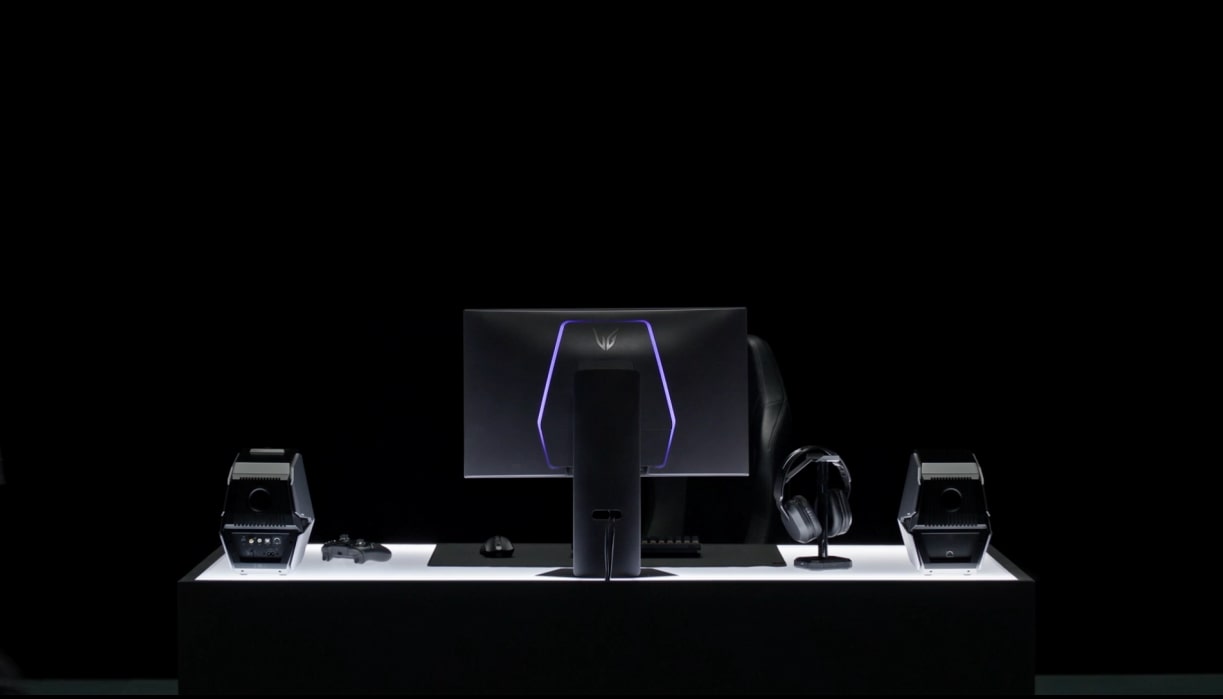 Featuring the LG UltraGear 27G850A back angle along with gaming accessories in the dark room with simple lighting effect on the desk set up