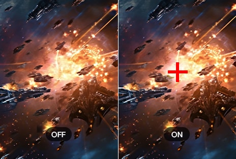 Space battle scene shown side-by-side, with the left image labeled ‘OFF’ and the right labeled ‘ON,’ featuring a red crosshair overlay on the right image to indicate enhanced aiming or targeting assistance