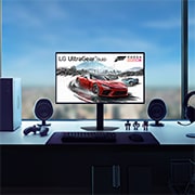 Lifestyle image with the LG UltraGear 27GX790B featured in the middle of the desk along with gaming set up