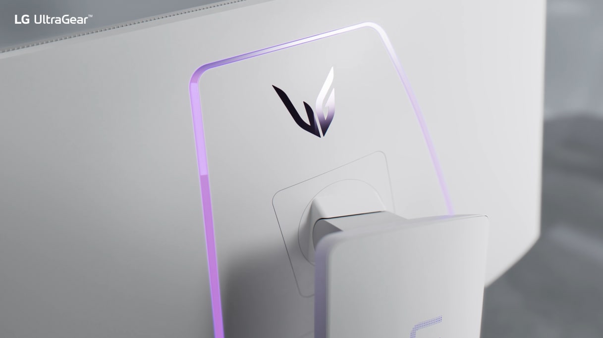 Featuring the back of LG UlltraGear 32H810SA-W with an UltraGear logo as well as purple lighting