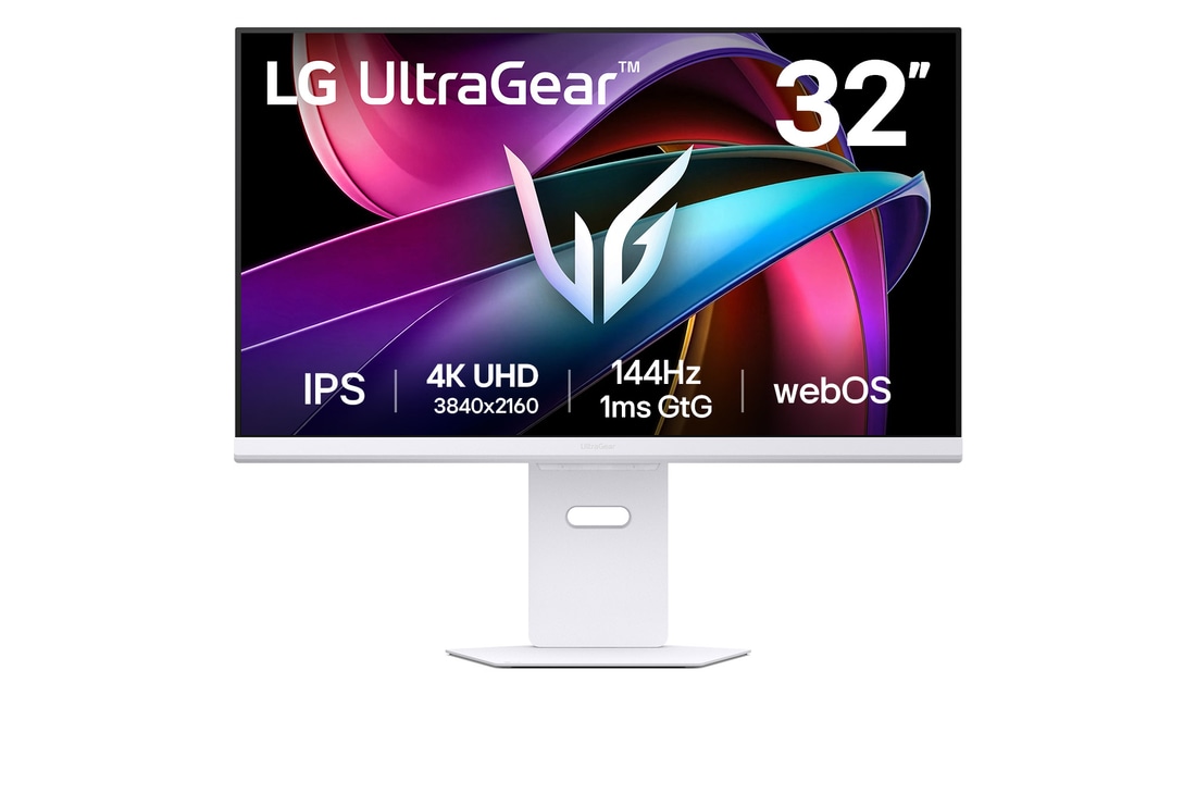 Front view of 32" LG UltraGear™ UHD Smart Gaming Monitor, 4K, 144Hz, 1ms (GtG), webOS, White (32G810SA)