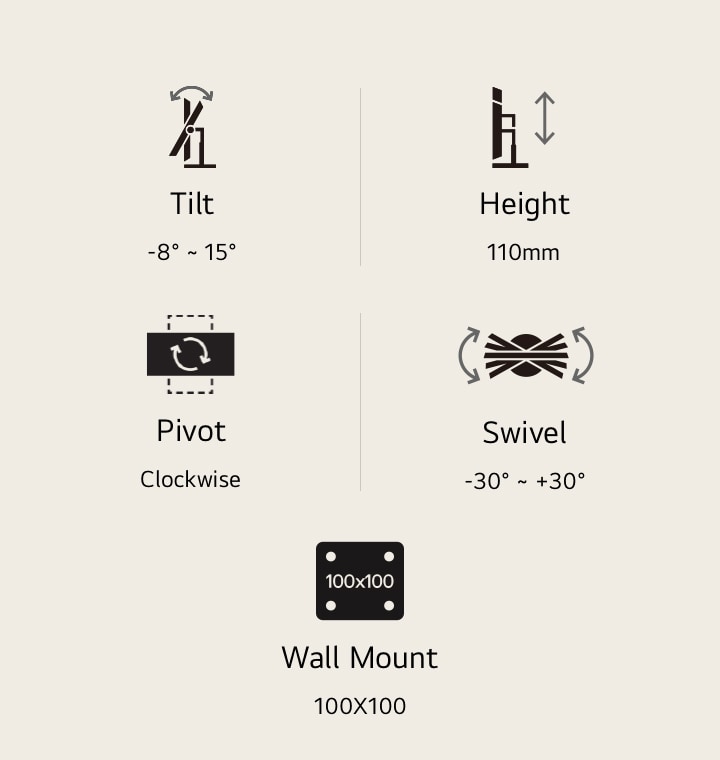 Icons for Tilt, Height, Pivot, Swivel, and wall mount.