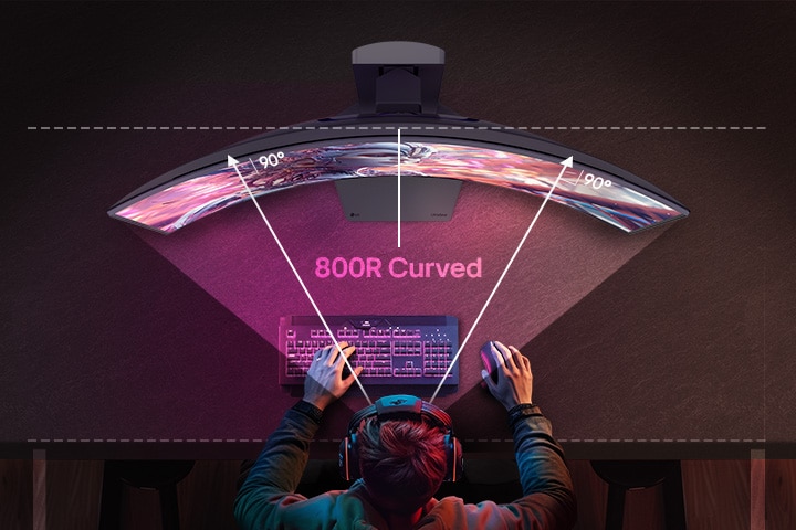 An animated video transitioning from a front view to a top view of a curved monitor.	