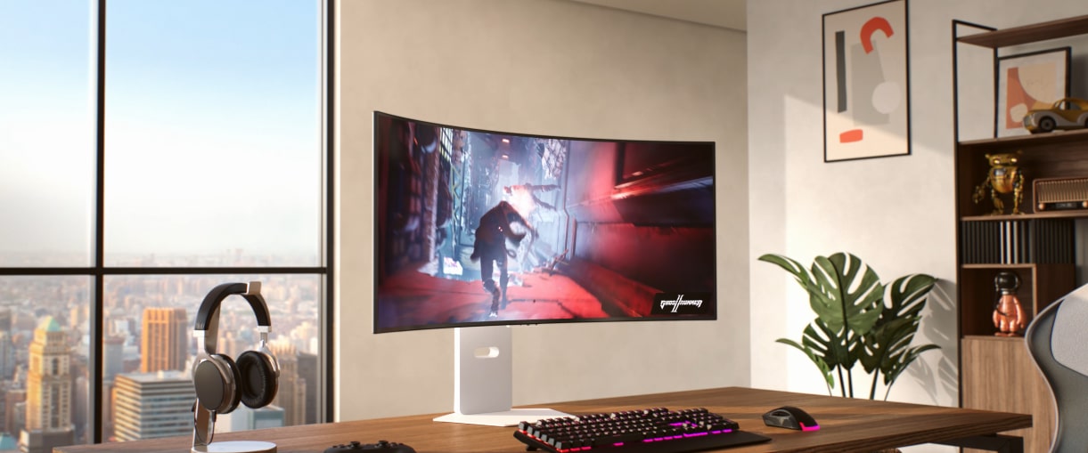 LG UltraGear 39GX90SA Product Introduction in a nice living room setup with computer accessories and bright light