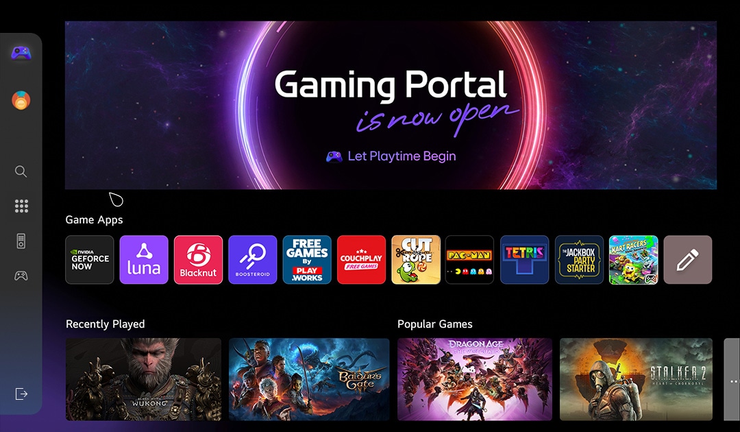 A curved monitor showcases a gaming dashboard with vibrant game icons, including action, puzzle, and cloud gaming apps. A cosmic, glowing portal graphic surrounds the screen, enhancing the sci-fi vibe.