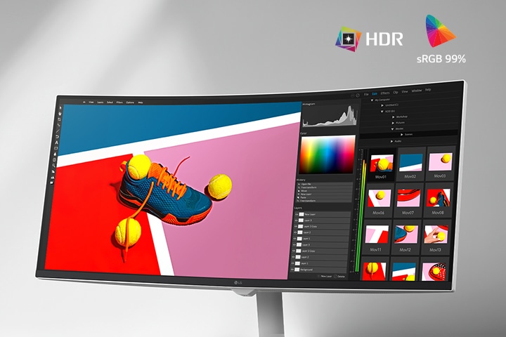 Monitor displaying a photo editing interface with a colorful sneaker and tennis balls image, highlighting sRGB 99% and HDR color accuracy.