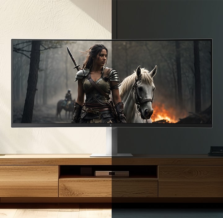 The left image shows the daytime appearance with the brightness adjustment feature, while the right image shows the nighttime appearance with the same feature.