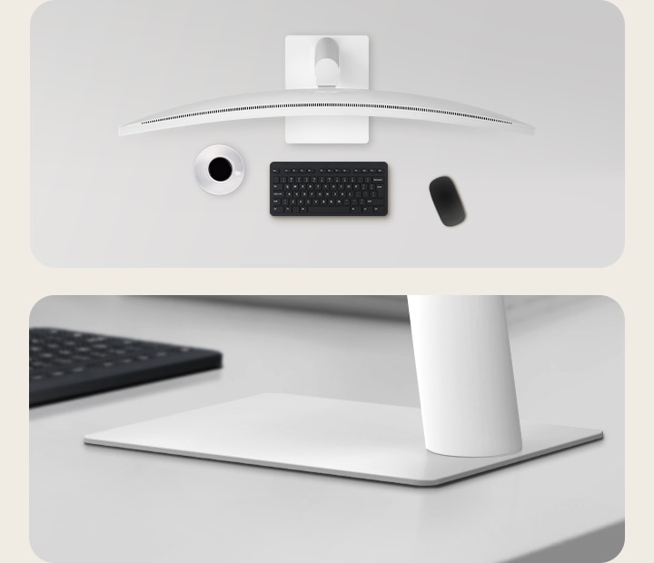 Top view and close-up of a curved monitor on a clean desk setup with a white stand, black keyboard, mouse, and a coffee cup.