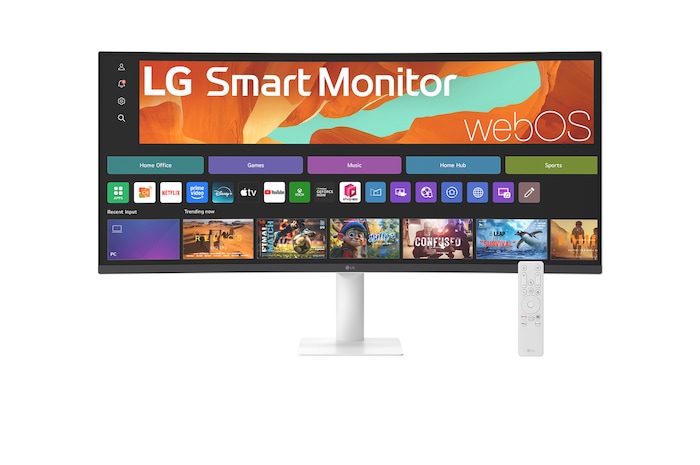 Front view of 34" LG Smart Monitor, WQHD Curved screen, webOS, 300nits, AirPlay 2, Google Cast, White - 34U601SA-W
