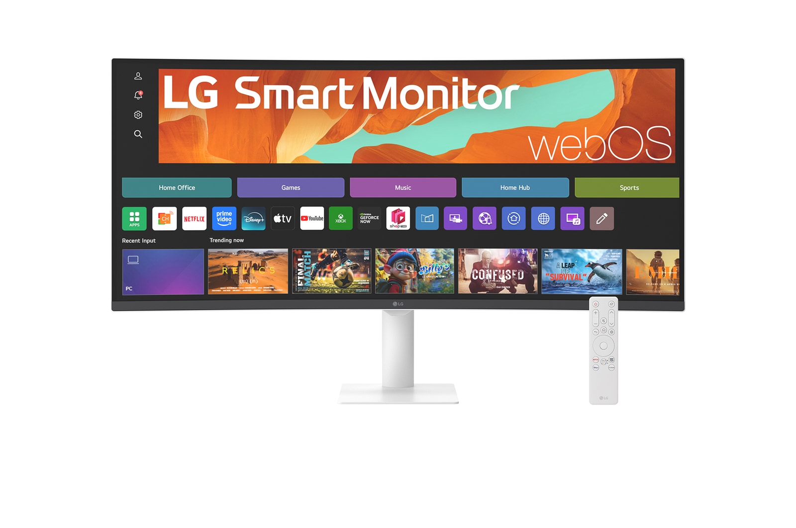 Front view of 34" LG Smart Monitor, WQHD Curved screen, webOS, 300nits, AirPlay 2, Google Cast, White - 34U601SA-W