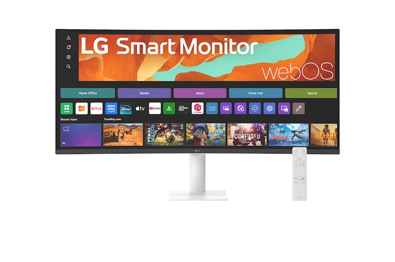 Front view of 34" LG Smart Monitor, WQHD Curved screen, webOS, 300nits, AirPlay 2, Google Cast, White - 34U601SA-W