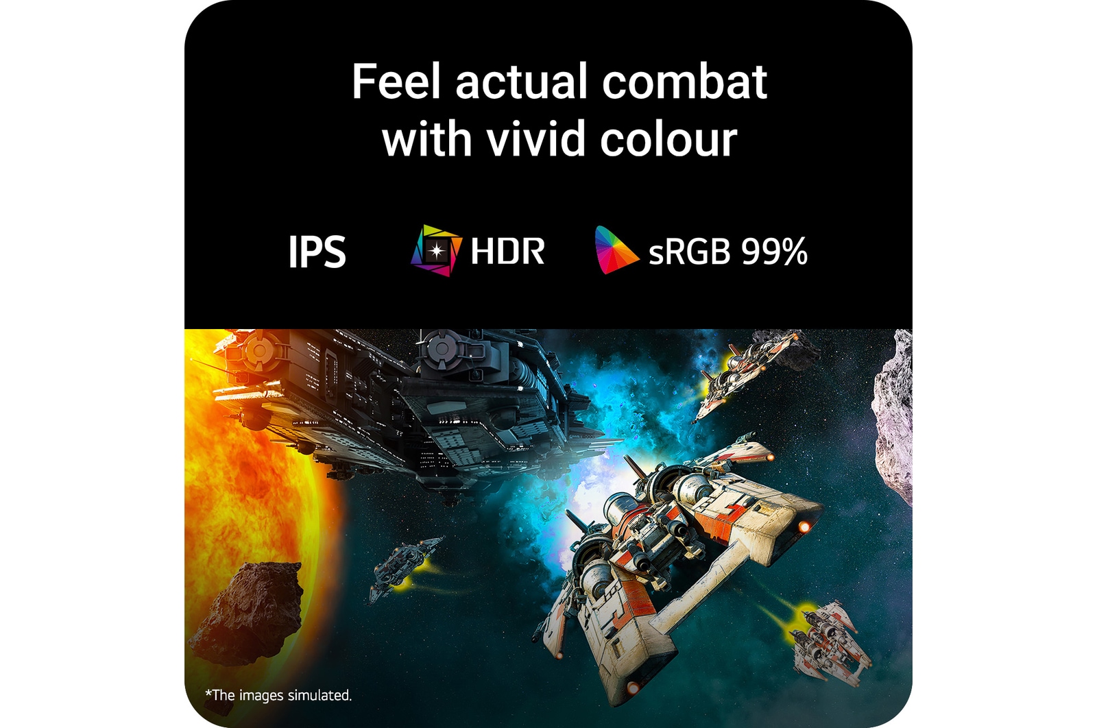 Futuristic battle scene displayed on a gaming monitor, showcasing vivid colors with 99% sRGB color gamut, IPS, and HDR certification.