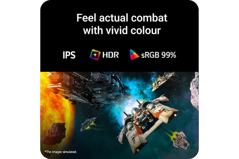 Futuristic battle scene displayed on a gaming monitor, showcasing vivid colors with 99% sRGB color gamut, IPS, and HDR certification.