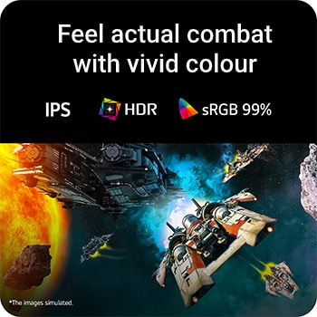 Futuristic battle scene displayed on a gaming monitor, showcasing vivid colors with 99% sRGB color gamut, IPS, and HDR certification.