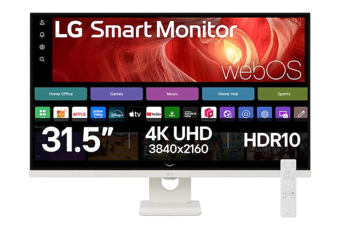Front view of 32” LG Smart Monitor, 4K UHD display, webOS, Screen Share, Bluetooth, USB-C (PD 65W), White, with remote control - (32U721SA)