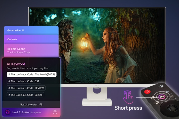 LG Smart Monitor displaying AI Concierge interface with Generative AI recommendations and AI keyword suggestions, controlled by Magic Remote, highlighting contextual search, voice interaction, and personalised content discovery on the smart monitor