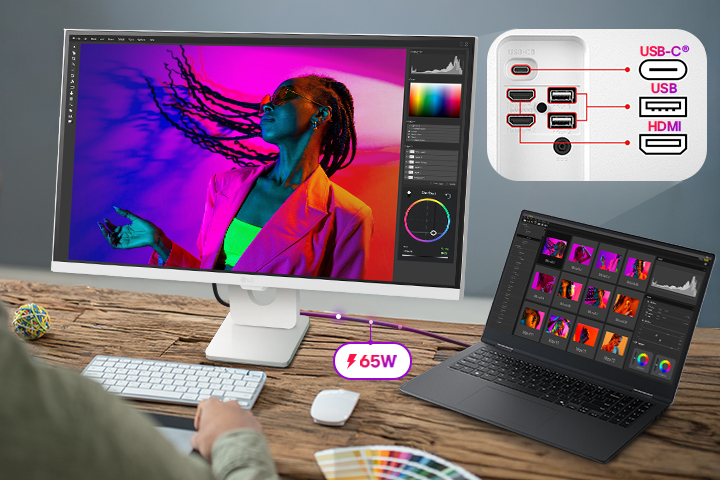 LG Smart Monitor connected to a laptop via USB C with 65W charging, showing photo editing workspace, multiple ports including USB C, USB, and HDMI, highlighting single cable connectivity, device charging, and productivity focused workstation setup