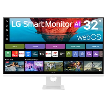 Front view of 32” LG Smart Monitor™, 4K UHD screen, webOS 26, AirPlay 2, USB-C (PD 65W), LG ThinQ, White 32U721SB-W