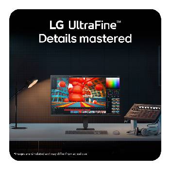 LG UltraFine monitor on a desk setup highlighting detailed visuals and workspace integration