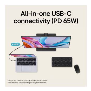 LG UltraFine monitor with USB-C connectivity supporting up to 65W power delivery, connected to a laptop and peripherals for a streamlined workspace setup
