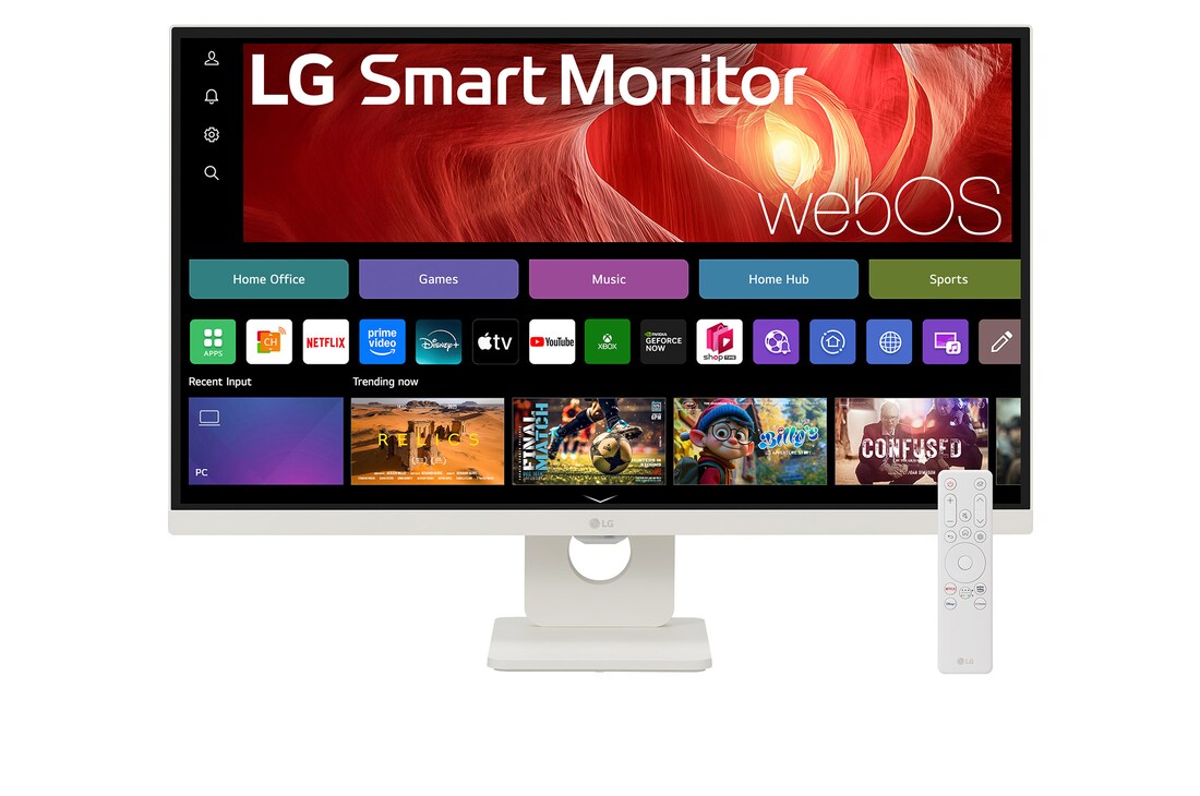 "Front view of 27” LG Smart Monitor, 4K UHD IPS display, webOS, Screen Share, USB-C (PD 65W), White, with remote control (27U731SA)"