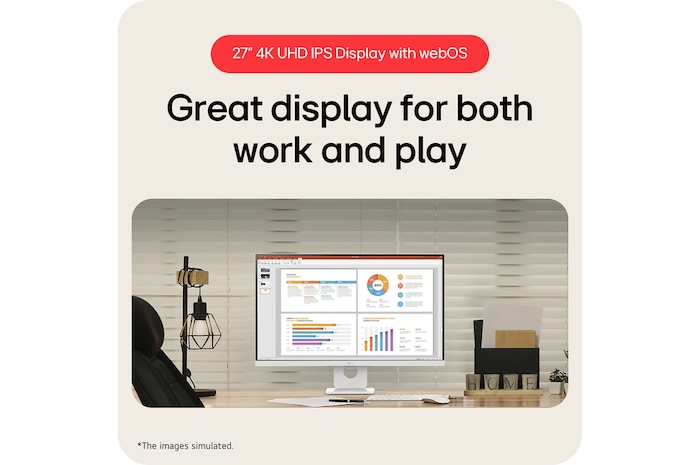 "Front view of 27” LG Smart Monitor, 4K UHD IPS display, webOS, Screen Share, USB-C (PD 65W), White, with remote control (27U731SA)"