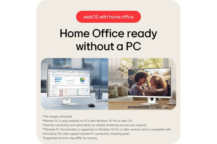 "Front view of 27” LG Smart Monitor, 4K UHD IPS display, webOS, Screen Share, USB-C (PD 65W), White, with remote control (27U731SA)"