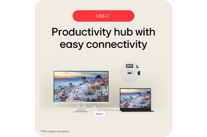 "Front view of 27” LG Smart Monitor, 4K UHD IPS display, webOS, Screen Share, USB-C (PD 65W), White, with remote control (27U731SA)"