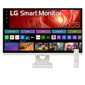 "Front view of 27” LG Smart Monitor, 4K UHD IPS display, webOS, Screen Share, USB-C (PD 65W), White, with remote control (27U731SA)"