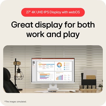 "Front view of 27” LG Smart Monitor, 4K UHD IPS display, webOS, Screen Share, USB-C (PD 65W), White, with remote control (27U731SA)"
