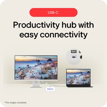 "Front view of 27” LG Smart Monitor, 4K UHD IPS display, webOS, Screen Share, USB-C (PD 65W), White, with remote control (27U731SA)"