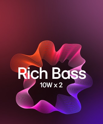 Visual graphic highlighting immersive sound with dual 10W speakers and rich bass performance.