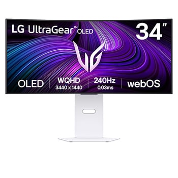 Front view of 34" LG UltraGear™ OLED Gaming Monitor, 240Hz Refresh Rate, WQHD Resolution, webOS, White (34GX90SA)
